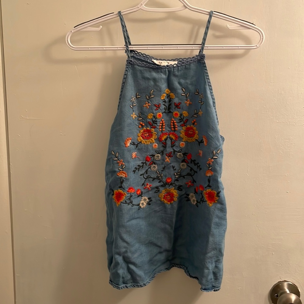 Cute embroidered denim-like tank top